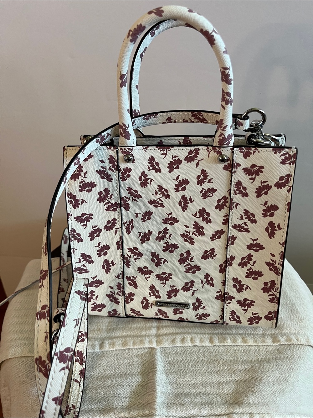 Rebecca Minkoff mini tote in Saffiano leather featuring Berry Smmothie multi
